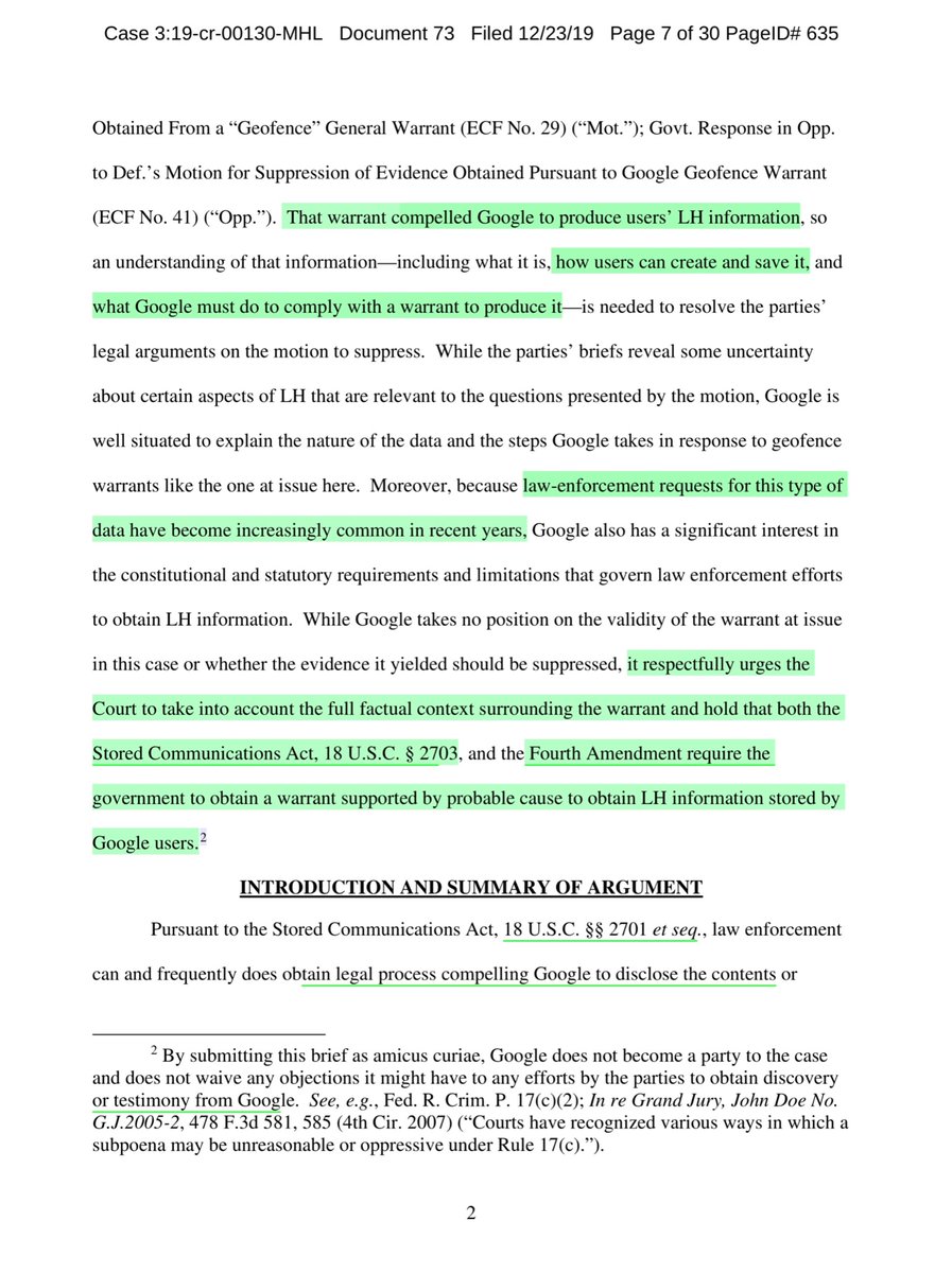 I neglected to give you the Google’s Amicus CURIAE 12/2019“..warrant and hold that both the Stored Communications Act 18 USC § 2703, and the Fourth Amendment require the government to obtain a warrant supported by probable cause...”SEE Pg 3 black box https://ecf.vaed.uscourts.gov/doc1/189110200981