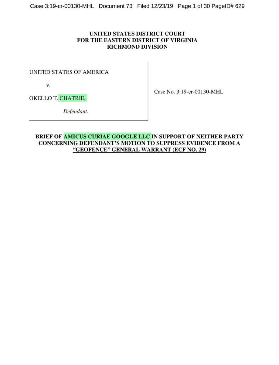 I neglected to give you the Google’s Amicus CURIAE 12/2019“..warrant and hold that both the Stored Communications Act 18 USC § 2703, and the Fourth Amendment require the government to obtain a warrant supported by probable cause...”SEE Pg 3 black box https://ecf.vaed.uscourts.gov/doc1/189110200981