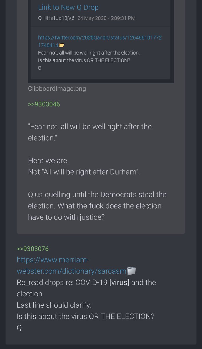 4320- https://www.merriam-webster.com/dictionary/sarcasmRe_read drops re: COVID-19 [virus] and the election.Last line should clarify: Is this about the virus OR THE ELECTION?Q