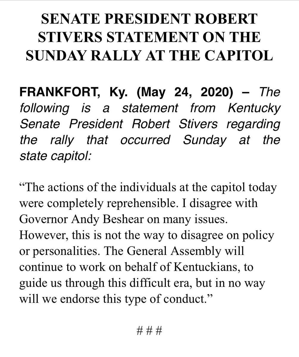Senate President Robert Stivers Statement On The Sunday Rally At The Capitol