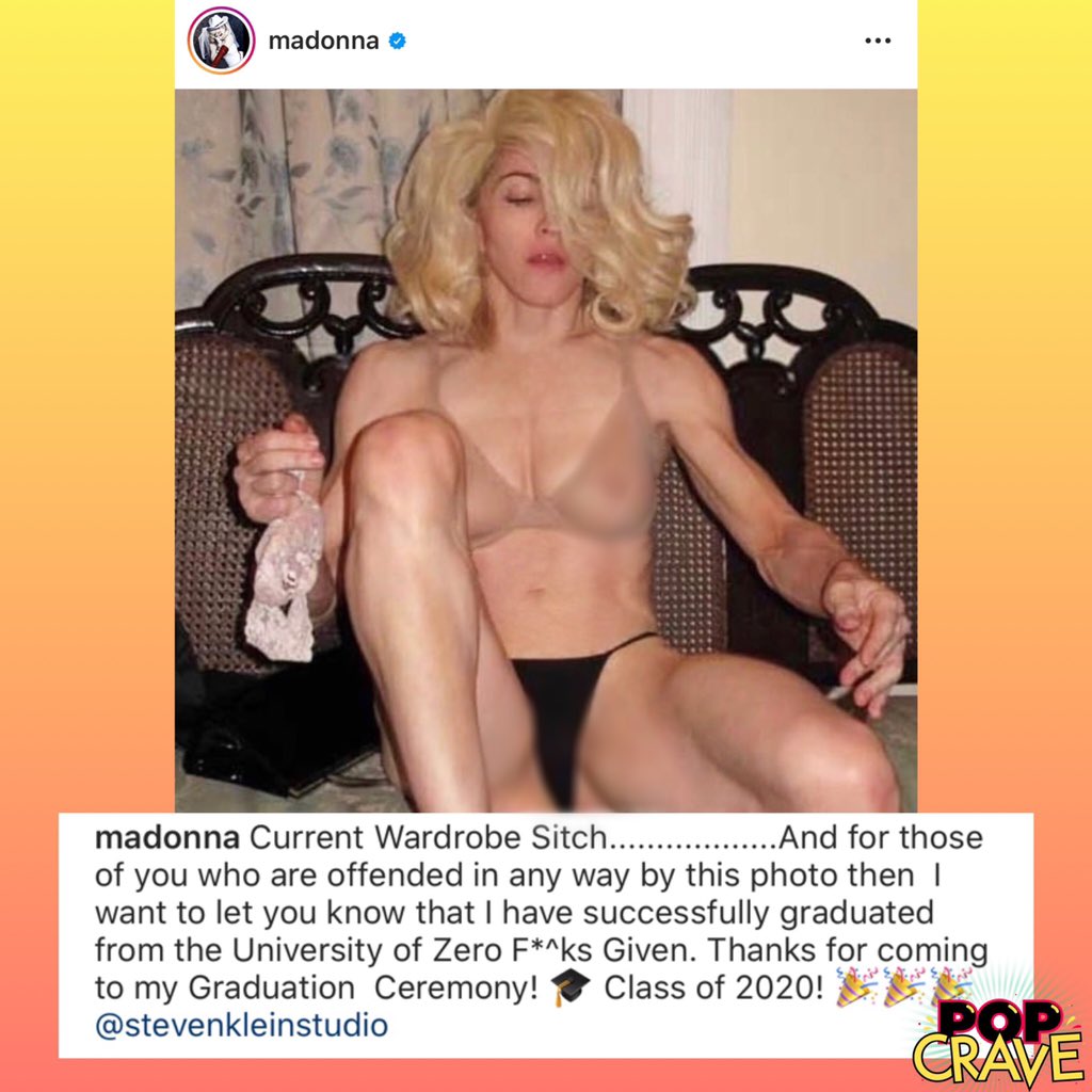 . @Madonna reveals her ‘current wardrobe sitch’ in revealing photo:“for those of you who are offended in any way by this photo then I want to let you know that I have successfully graduated from the University of Zero F*^ks Given.”