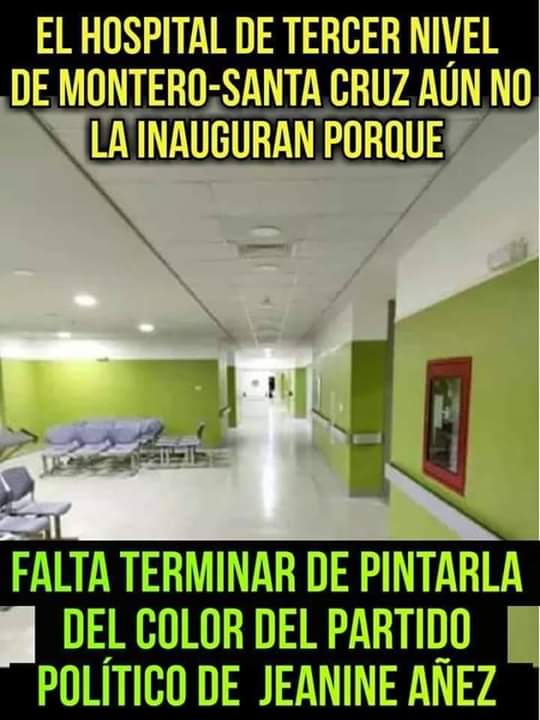 CaceMintra's tweet photo. Cuando van a utilizar la gran obra hospitalaria que ejecutó e hizo realidad el MAS-IPSP en la ciudad de #MONTERO, oh les falta seguir #REPINTANDO de color político VERDE LECHUGA de este #REGIMEN #GOLPISTA.? Oh van a seguir esperando que muera más personas.?
👿😠😡👿😡😡👿 https://t.co/EFjgjpJnCO