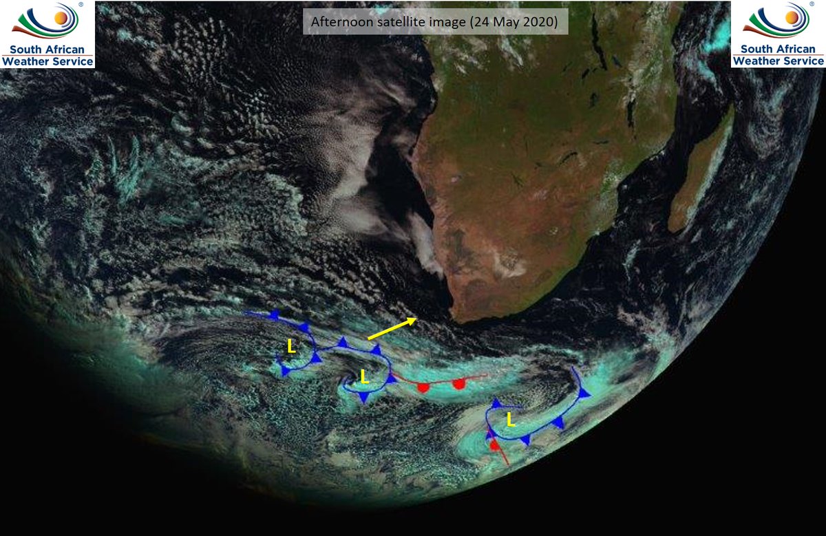 Netcare911_sa's tweet image. SAWS weather warning: Strong cold front developing over the Atlantic, expected to make landfall around 6AM on Monday morning (25 May 2020) along the south-west coast of Western Cape spreading eastwards quickly. Gale force winds, high seas, storm surge, snow &amp;amp; rain expected.