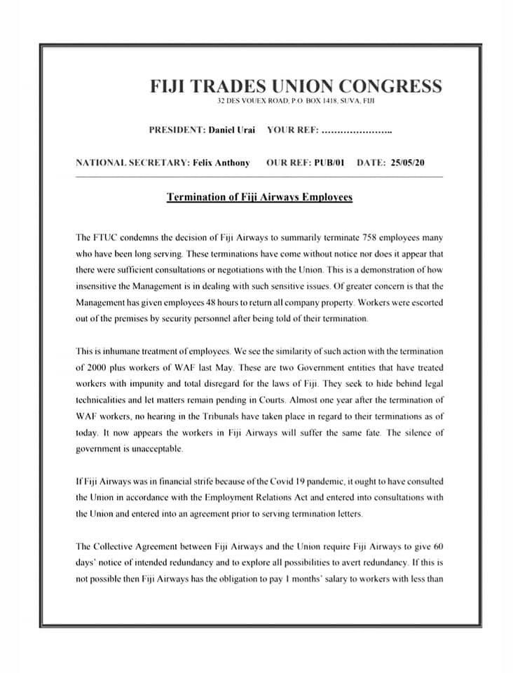 dylan_kava's tweet photo. Fiji Trades Union Congress deems @FijiAirways termination as unwarranted and a breach of company Collective Bargaining agreement and the Employment Relations Act. https://t.co/k3sQkd4egc