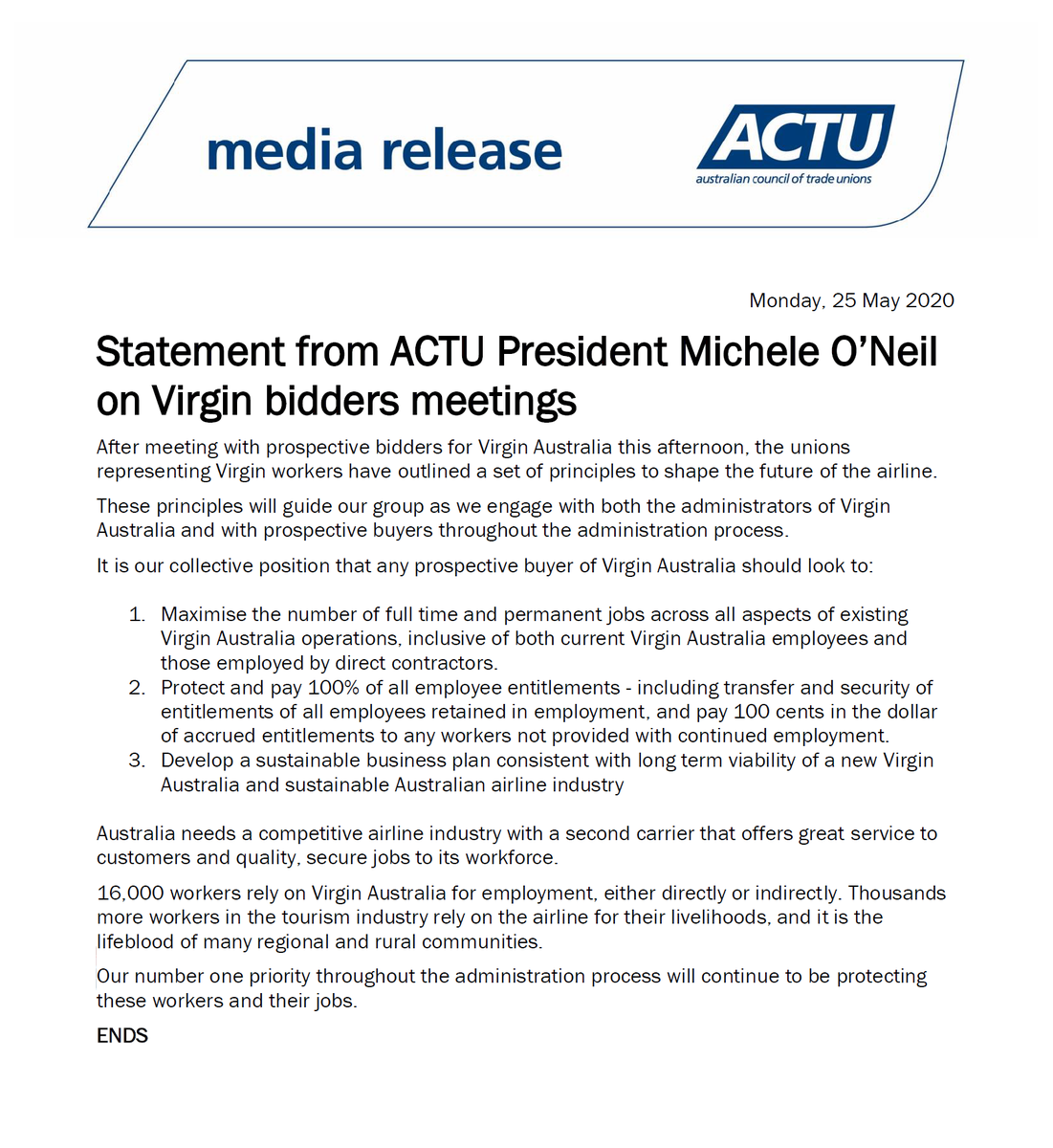 unionsaustralia's tweet photo. Statement from ACTU President @MicheleONeilAU on Virgin bidders meetings.
"Our number one priority throughout the administration process will continue to be protecting these workers and their jobs."
https://t.co/xIGlKMHbXR
#ausunions #auspol #SaveVirgin https://t.co/Jx6QXid6Cb