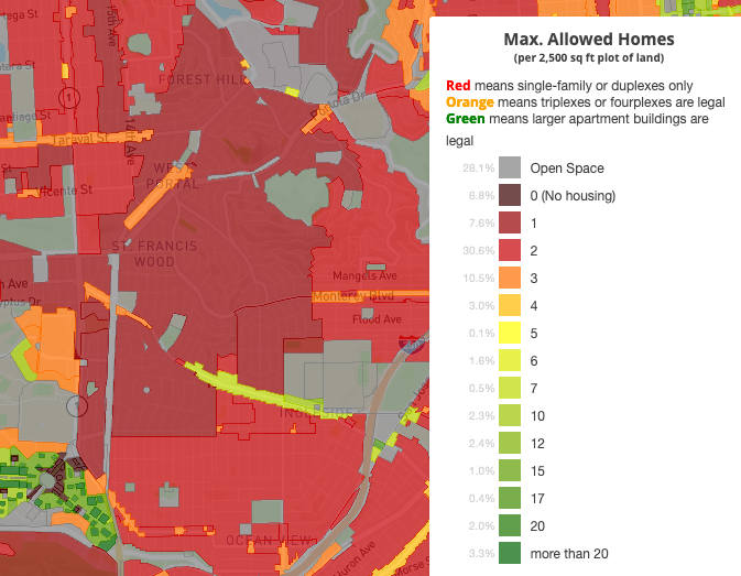 Let's see how that gradient corresponds with today's zoning (h/t  @deapthoughts). It is nearly all single family (excl. ADUs), but you can see that the minimum lot size is still larger in Ingleside Terrace north through St Francis Wood and east into Westwood Highlands. [5/5]