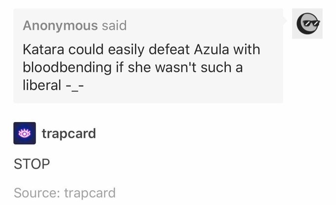 so like this post is great and all but like... atla as a whole is low key hella liberallike, after toppling a genocidal empire led by an all-powerful, corrupt emperor, their solution for a new system to bring justice is... get a new all-powerful emperor who's, like, nice