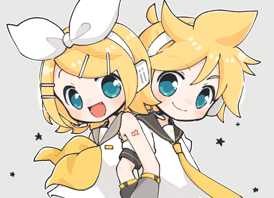 kagamine len ,kagamine rin 1girl spiked hair 1boy swept bangs shorts yellow neckerchief necktie  illustration images