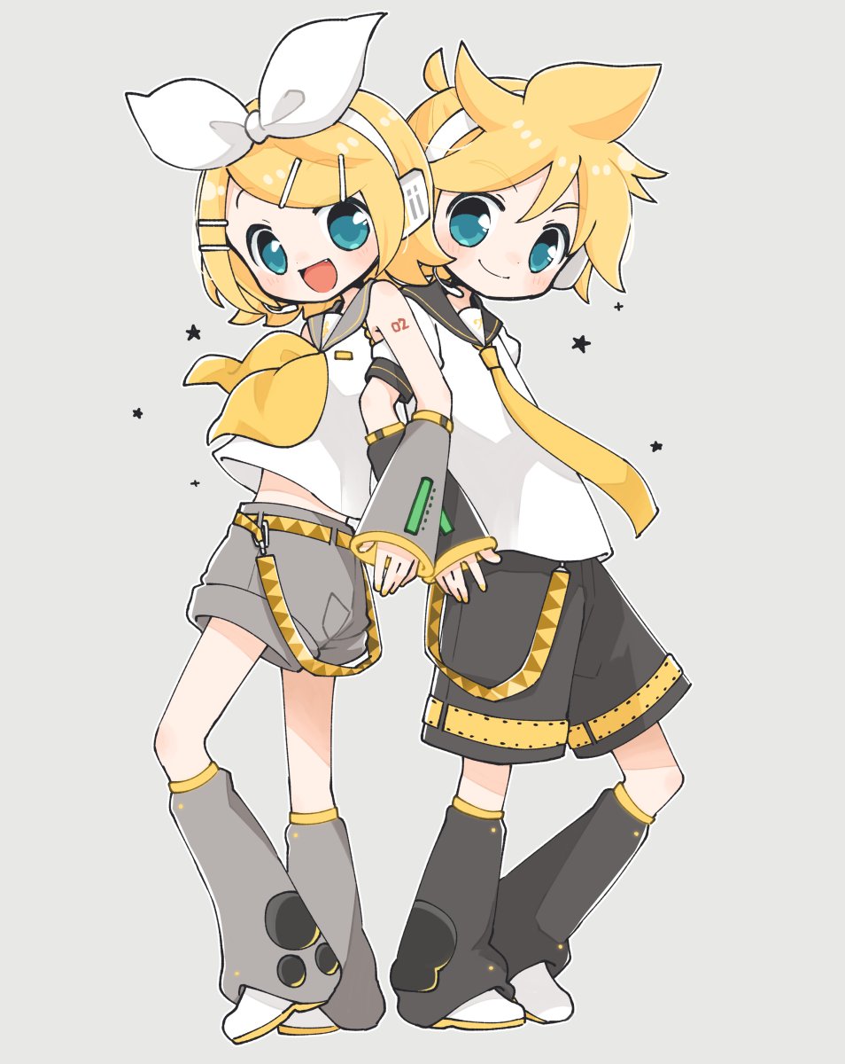 kagamine len ,kagamine rin 1girl spiked hair 1boy swept bangs shorts yellow neckerchief necktie  illustration images