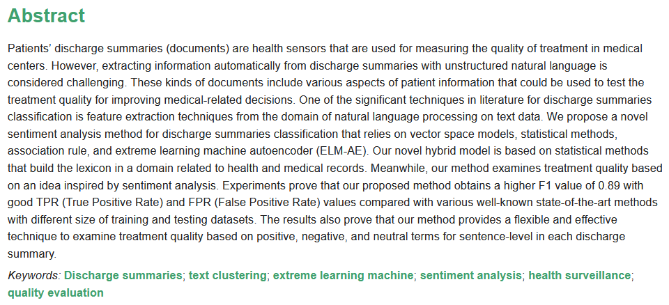 InformationMDPI's tweet image. #NewPaper Machine Learning Based Sentiment Text Classification for Evaluating Treatment Quality of Discharge Summary 
#DischargeSummaries
#TextClustering
#ExtremeLearningMachine
#SentimentAnalysis
#HealthSurveillance
#QualityEvaluation 
mdpi.com/2078-2489/11/5…
@MDPIOpenAccess