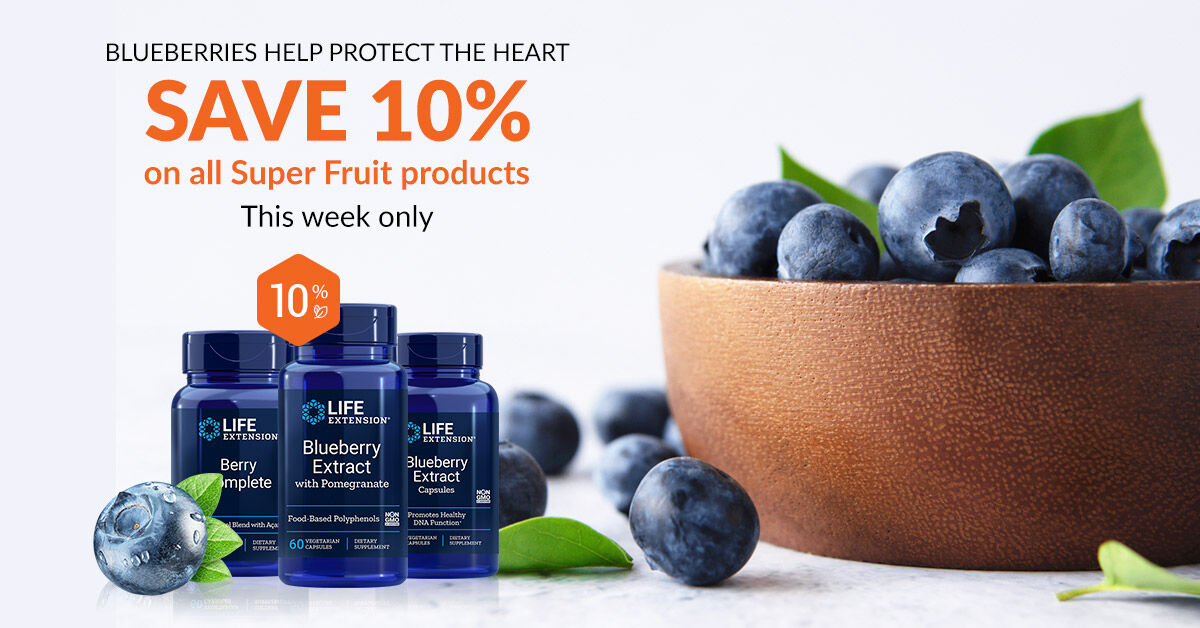 LifeExtensionEU's tweet image. This week only: Save 10% on all Super Fruit products!
Blueberries contain potent polyphenols that provide a wide array of health benefits. Blueberry supplementation can shield against the risk of cognitive decline, cancer, and heart disease.  
bit.ly/36nVcfI
