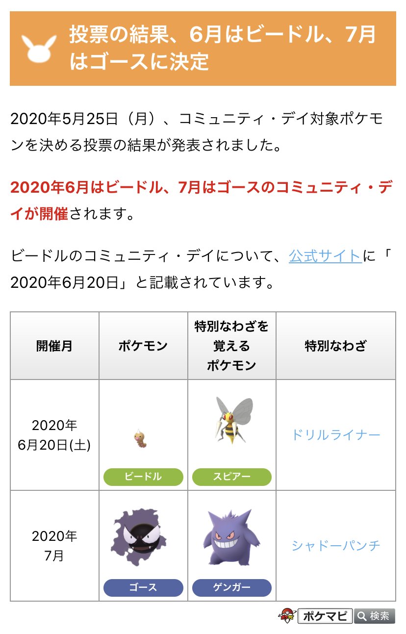 تويتر ポケモンgo攻略情報 ポケマピ على تويتر コミュニティ デイ対象ポケモンを決める投票の結果が出ました 年6月はビードル 年7月はゴース のコミュニティデイが開催されます ビードルのコミュニティ デイについて 公式サイトに 年6月日