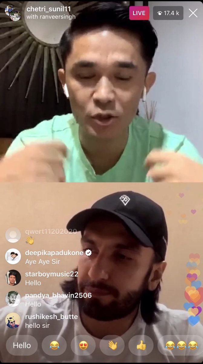 Comments by Deepika under Sunil Chhetri’s and Ranveer’s Instagram liveDeepika: Aye Aye SirDeepika:Deepika: Sunil your story was hilarious!