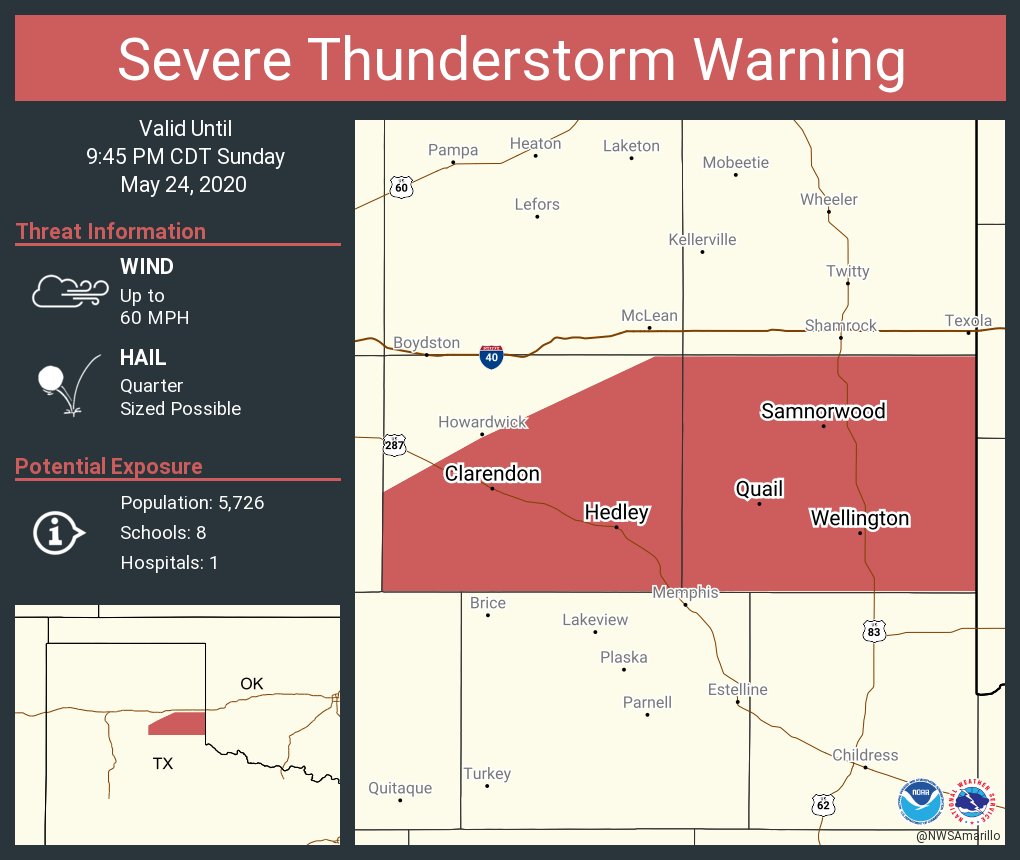 Severe Thunderstorm Warning continues for Wellington TX, Clarendon TX