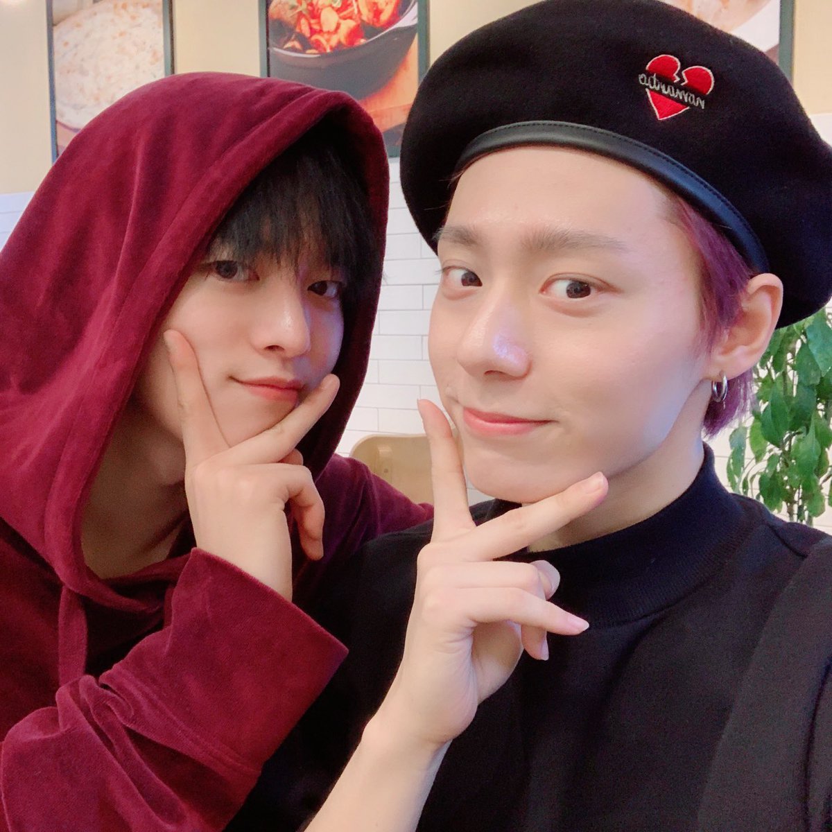 THE RED HOODIE  PURPLE HAIRED WOONG IN A BERET DO I HAVE TO SAY MORE 