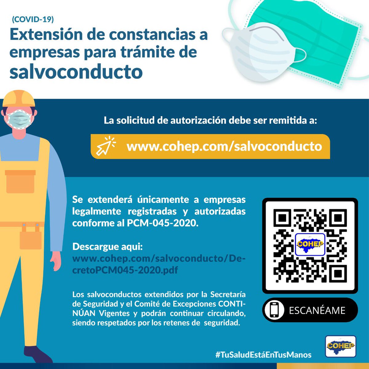 COHEPHonduras's tweet photo. #COHEP Extensión de Constancias a Empresas para Trámite de #Salvoconducto - Únicamente para las empresas legalmente registradas y autorizadas conforme a PCM 045-2020. #Comparte https://t.co/G6qdJNnFr9