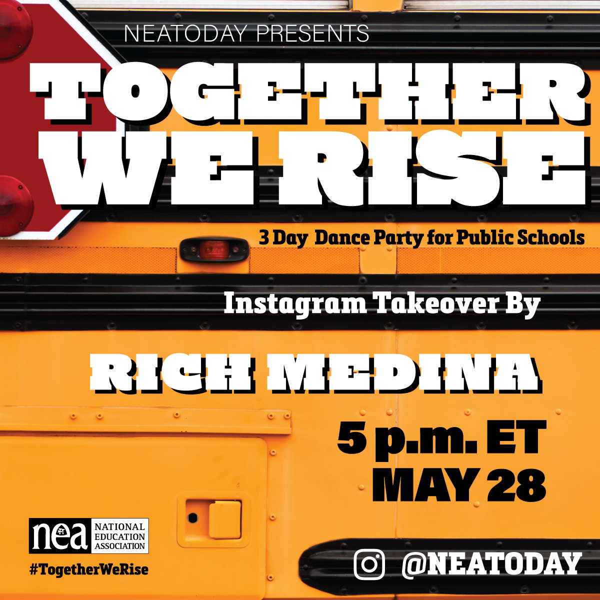 NEAToday's tweet image. Who are you bringing?! Invite everyone you know to our LIVE #DanceBreak (with social distancing) with @RichMedina @Spindeezy @djspinna. We will dance and take action to make sure the schools we love, have the resources they need. #TogetherWeRise bit.ly/2RsTdjQ