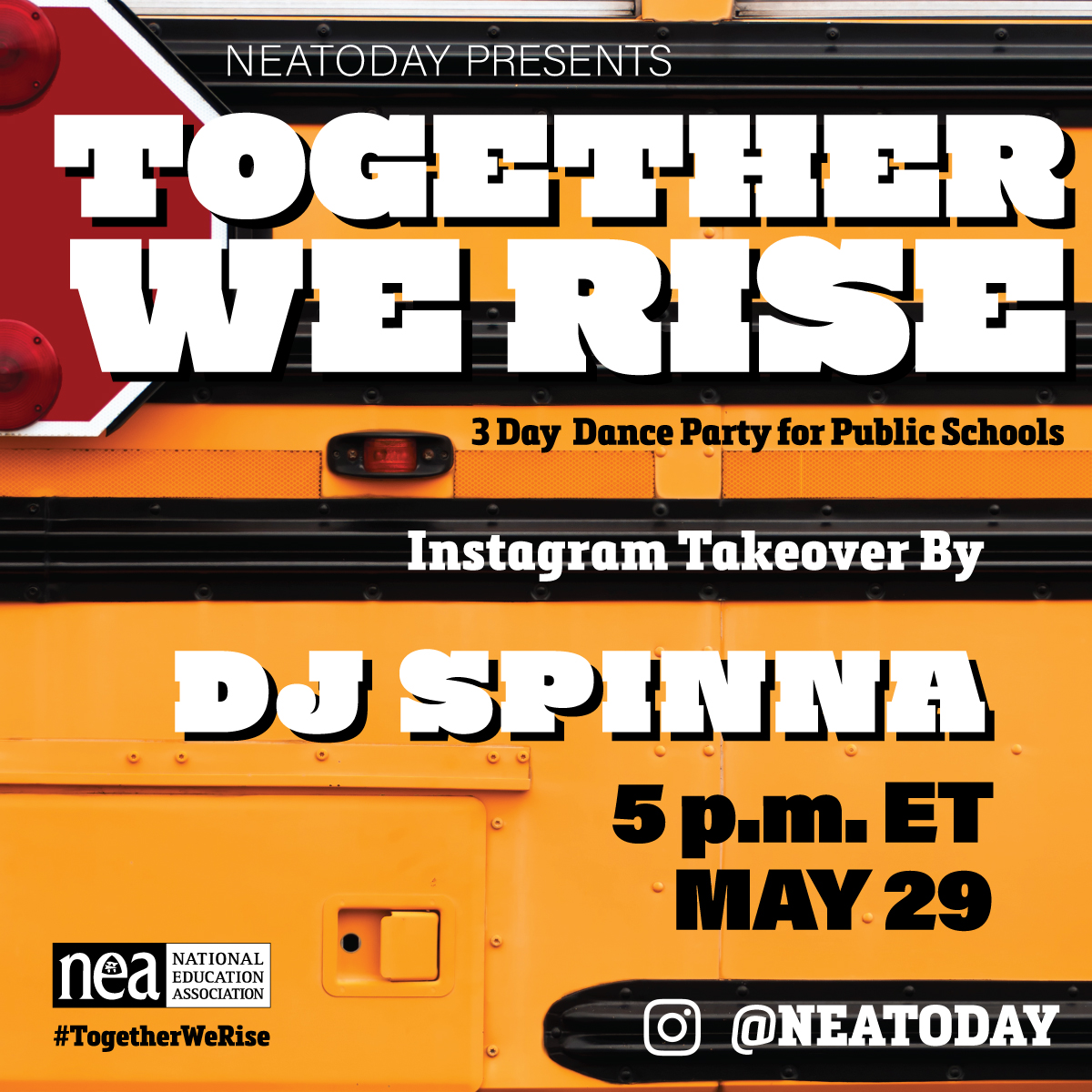 NEAToday's tweet image. Who are you bringing?! Invite everyone you know to our LIVE #DanceBreak (with social distancing) with @RichMedina @Spindeezy @djspinna. We will dance and take action to make sure the schools we love, have the resources they need. #TogetherWeRise bit.ly/2RsTdjQ