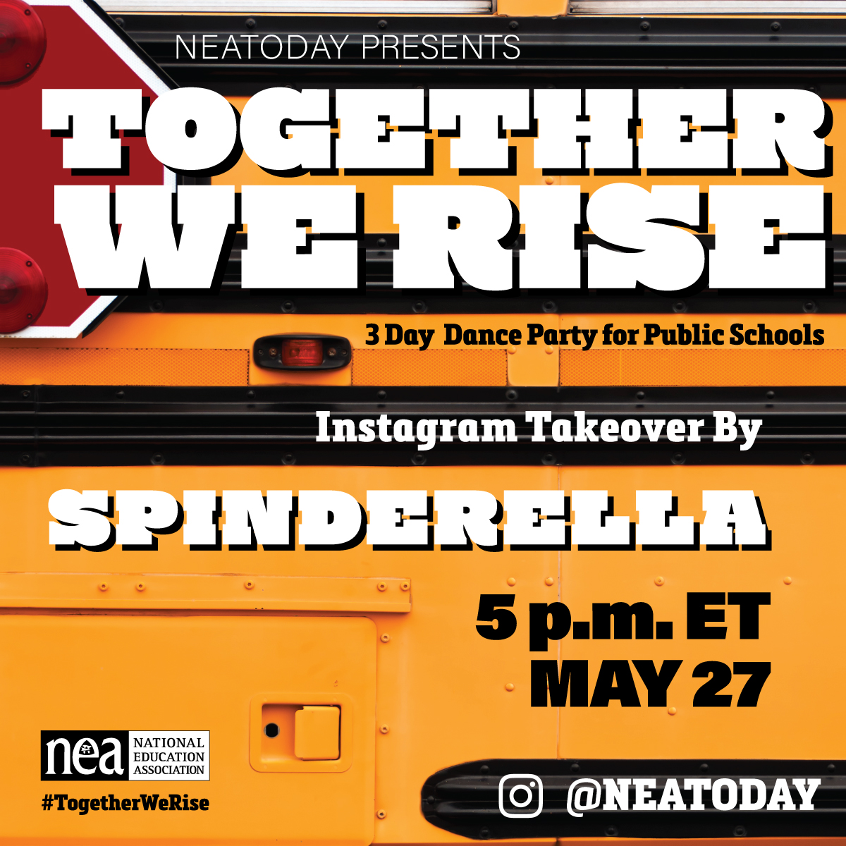 NEAToday's tweet image. Who are you bringing?! Invite everyone you know to our LIVE #DanceBreak (with social distancing) with @RichMedina @Spindeezy @djspinna. We will dance and take action to make sure the schools we love, have the resources they need. #TogetherWeRise bit.ly/2RsTdjQ