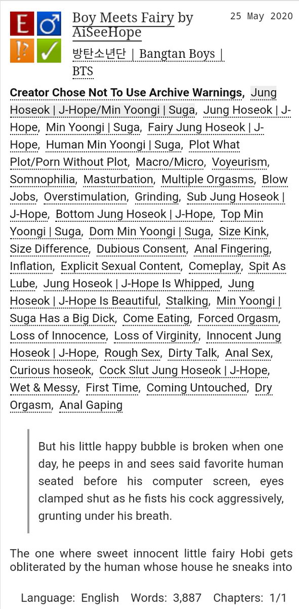 Boy Meets FairyRated E3.8 k wordsSopeLink:  https://archiveofourown.org/works/24355477 Fairy Hobi getting obliterated by human Yoongi