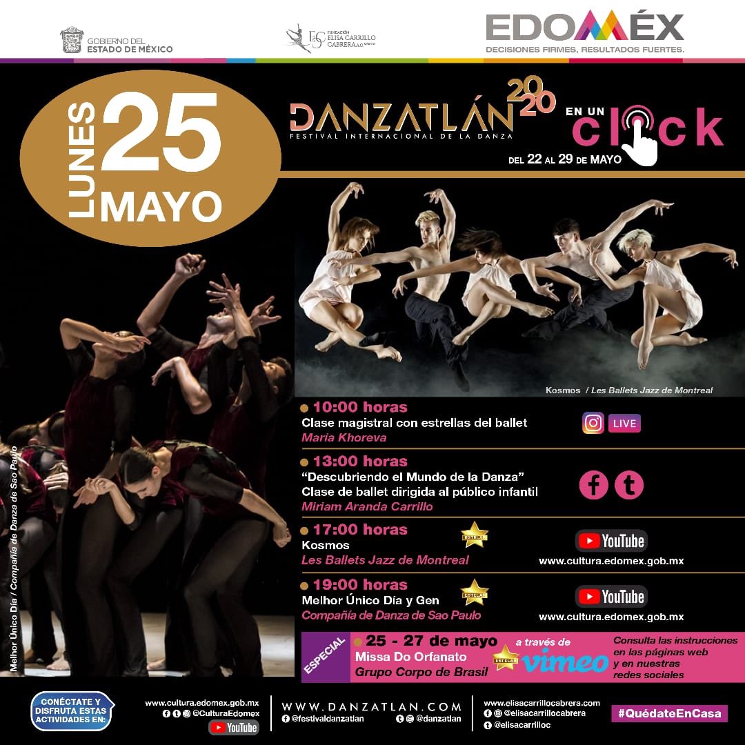 ¡Llegó el tercer día de actividades de #DanzatlánEnUnClick! 
No te pierdas mañana:
🩰 Clase Magistral con #MaríaKhoreva y <a href="/ElisaCarrilloC/">Elisa Carrillo Cabrera</a> 
🌌 Kosmos con <a href="/BJMDANSE/">Ballets Jazz Montréal</a>.
✨ Melhor Único Día y Gen con la <a href="/spciadedanca/">SPCD</a> 

#Danzatlán