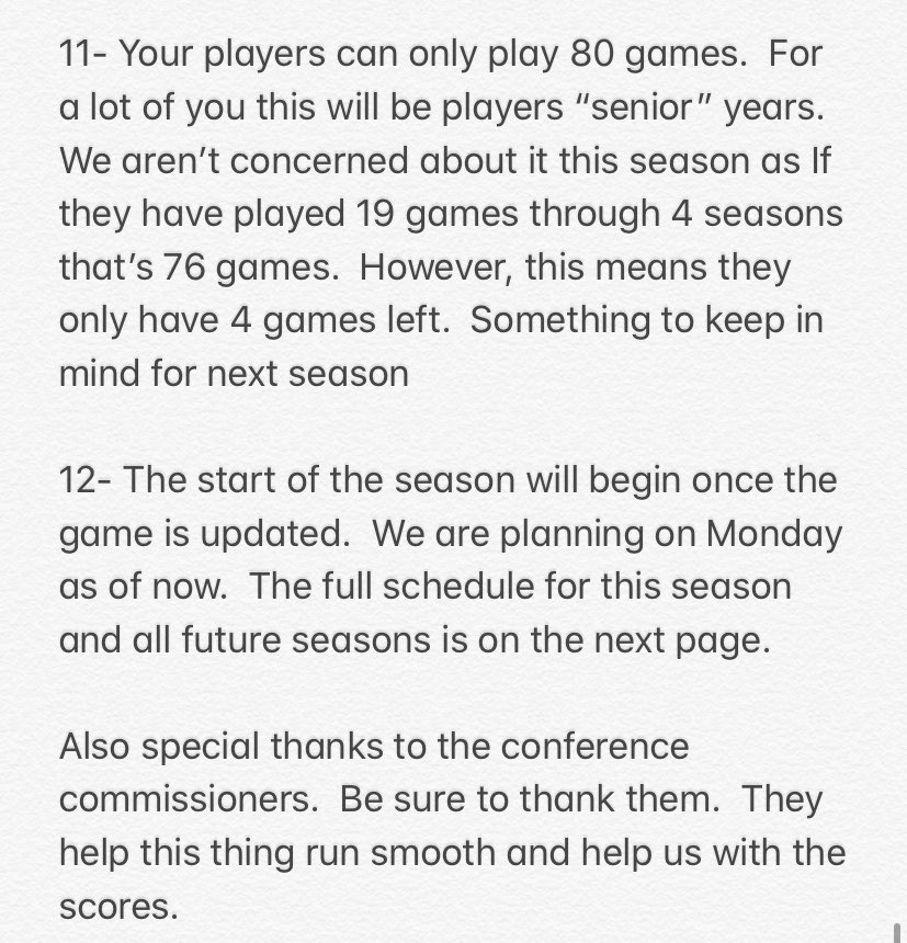 RBCDL_Commish's tweet image. ***Season 5 Rules &amp;amp; Schedule***

Read, rt, &amp;amp; bookmark.

We plan to start the season tomorrow (assuming update is out).  

Hesiman and All-American to come tomorrow too hopefully.

About to talk to new owners and get all the conference chats situated.

Thanks guys.