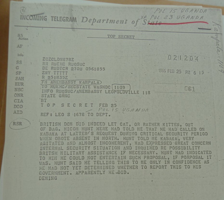 Obote's rationale for the attack was that the Kabaka had invited an outside power to intervene in Uganda. Obote's rationale was based in fact. Here's a American note on a conversation with the British High Commissioner, who Muteesa had approached early in 1966 for military aid.