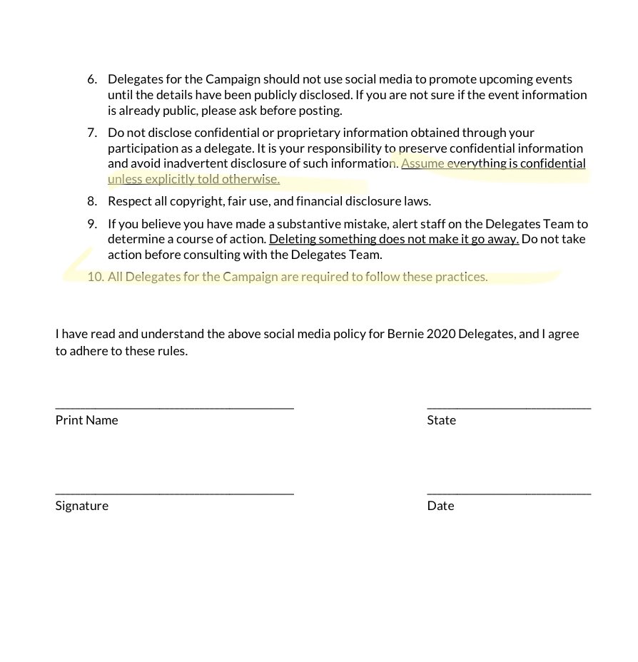 OK, just gone done with delegate Zoom.1. They changed my mind. I'll sign that repulsive delegate contract, shown below. I only have to sign it if I AM chosen as a DNC delegate.2. This is NEW for Bernie. Wasn't done in 2016. Still seeking confirmation it comes from Bernie. 1/