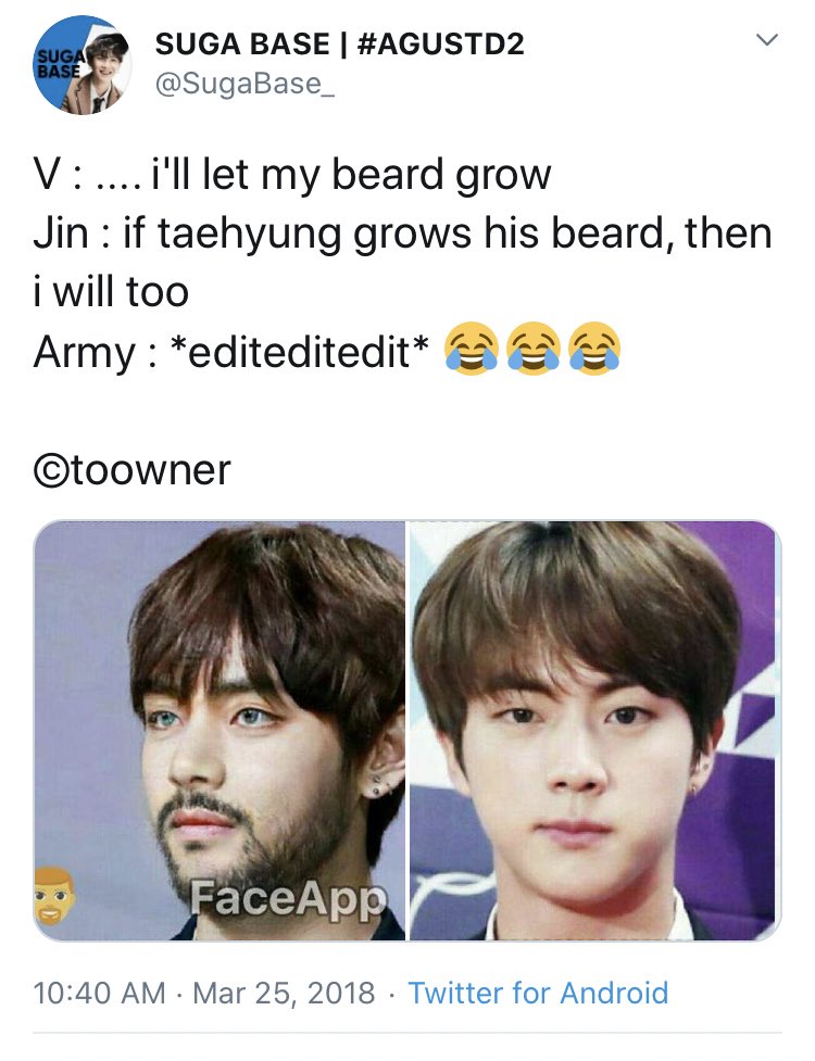 yoonglesseok's tweet photo. After 2 years and 2 month Kim Seokjin was finally able to grow his beard and show it to army. #beardtan https://t.co/7Kxt5L9ZM8