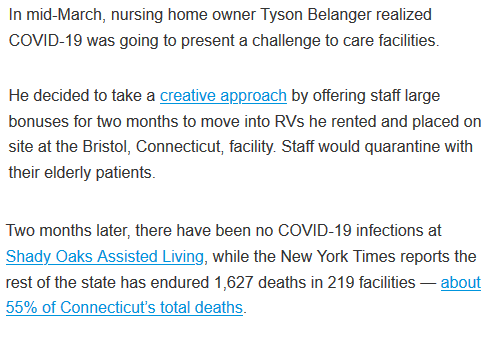 There is a successful story of a man from Connecticut, USA, who asked his care home staff to move on site, so they quarantine with the elderly. This approach so far, creates zero infection in his care home.  https://www.wbur.org/hereandnow/2020/05/18/nursing-home-coronavirus-rvs