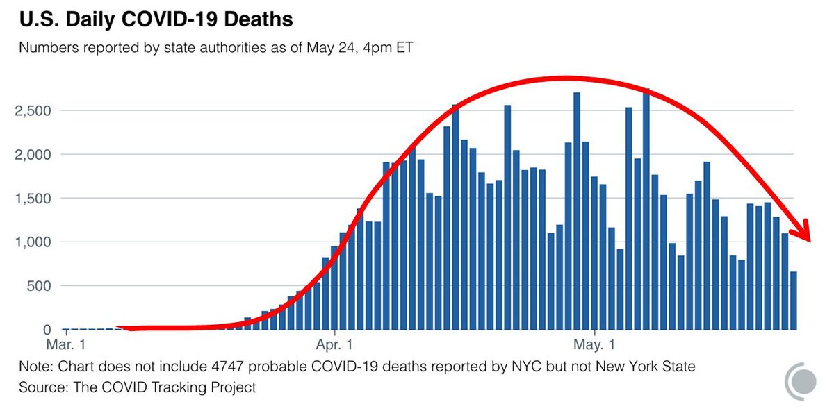 In addition to the tragedy of losing 100k people to  #COVID19 in ~2mo, what's deeply frustrating is the intellectual fraud currently being perpetuated that suggests slowing epidemic is a natural progression of the disease. Just the flu or some other virus of the past... 1/