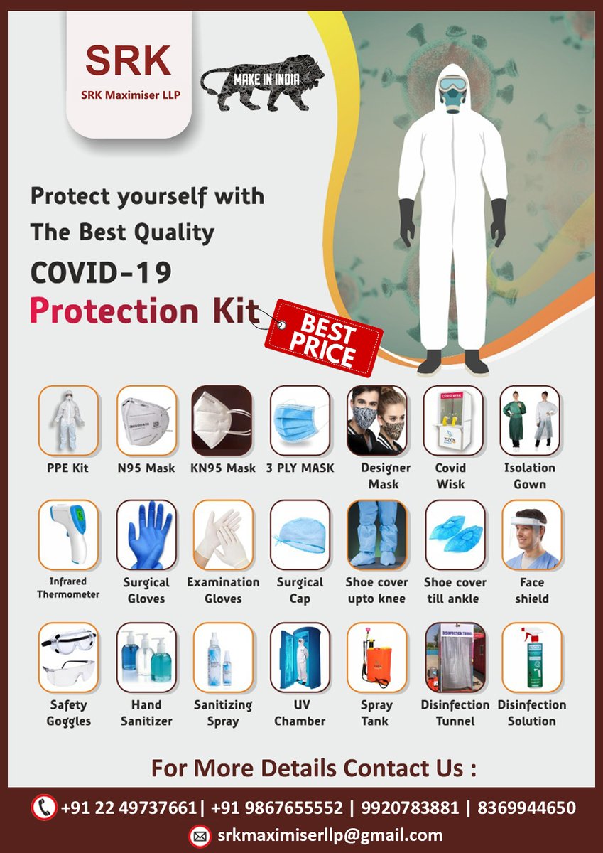 LlpSrk's tweet photo. Protect Your self with best quality covid 19 Protection Kit
+91- 9867655552 | 9920783881 | 8369944650Srkmaximiserllp@gmail.com#covid19 #corona #sanitizer #precautions #healthy #health #avoid #worldometer #germsfree #automatic #alcohol #bestdeal #Srkmaximiserllp https://t.co/6aESKfYB4K