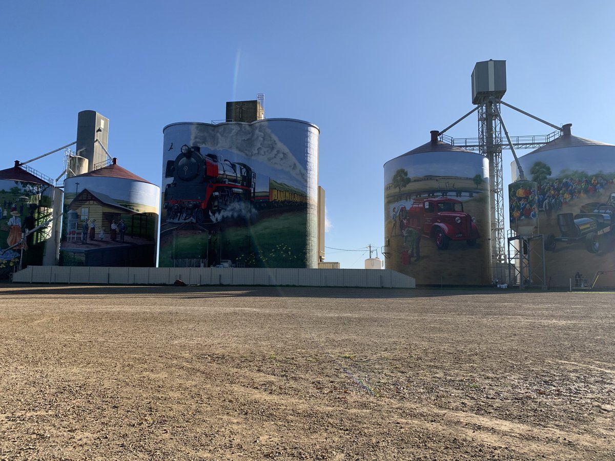sarahtlawrence's tweet photo. The final brushwork on the #Colbinabbin silo art project is being completed today - the artwork helps to tell the history of the farming town. More details at 4pm in @9NewsCentralVIC @9NewsMelb https://t.co/1cGVKKut3w