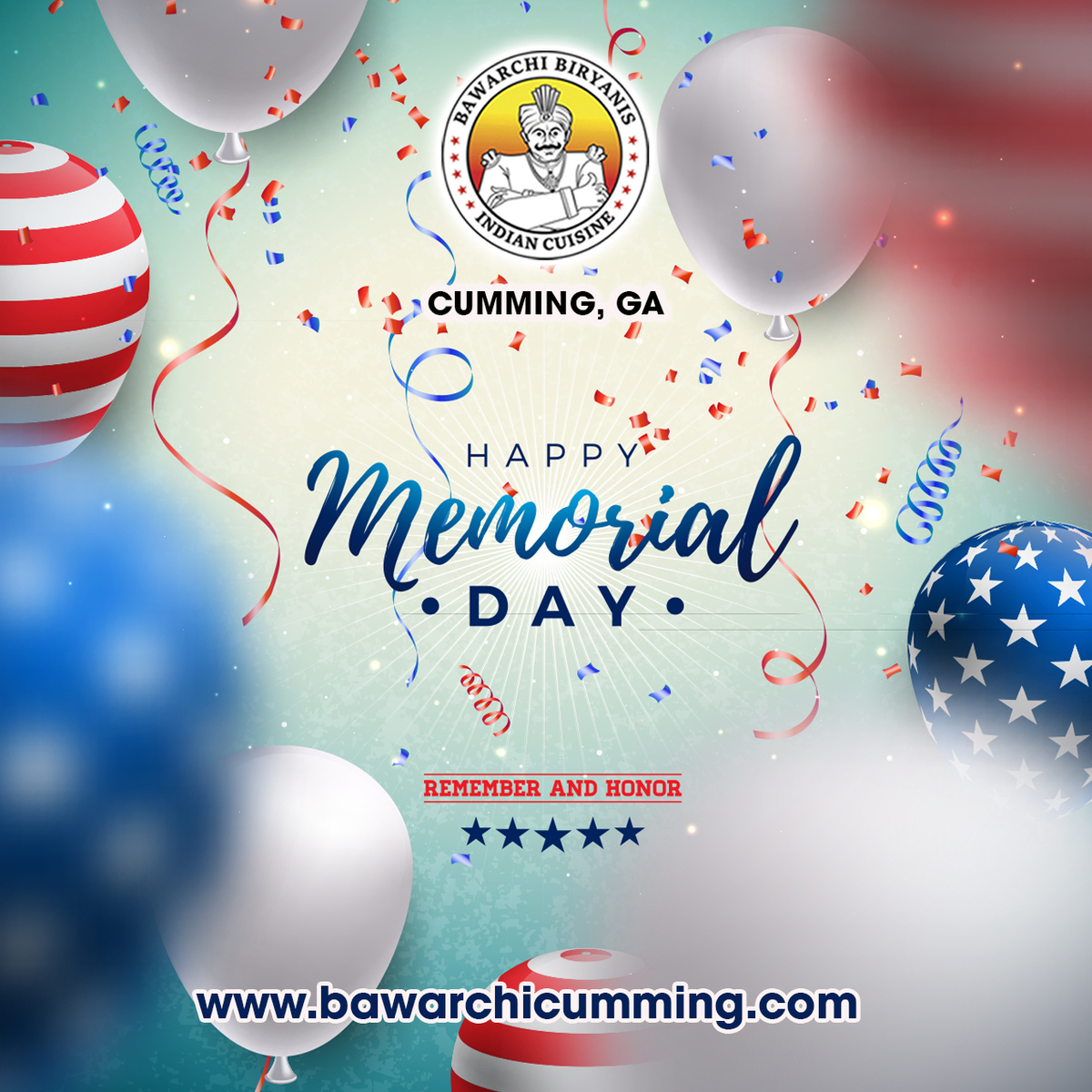 Happy Memorial Day

Visit us📲: bit.ly/bawarchicumming

#BawarchiCumming #BawarchiBiryanis #SouthIndianRestaurant #AndhraSpecialBiryani #OrderOnline #Muttonliver #yummy #dinner #foodies #foodlover #restaurantes #lunch #eat #tasty #orderonlie #specialoffer #indiancuisine