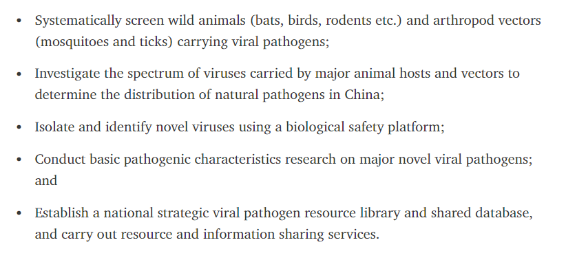 3. Update on WIV "Deleted Database" Winners of the project were required to identify 5 major novel viral pathogens from wild animals including bats & carry out a biosecurity risk assessment by testing them on small animals. The goals can be seen in the image: