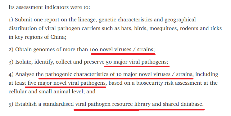 4. Update on WIV "Deleted Database" Project application deadline was mid-September 2019Its assessment indicators are detailed by "Anon" here: http://archive.is/uHqSw#selection-125.0-145.80Get genomes of 100+ novel viruses/strainsCollect and preserve 50 major viral pathogens