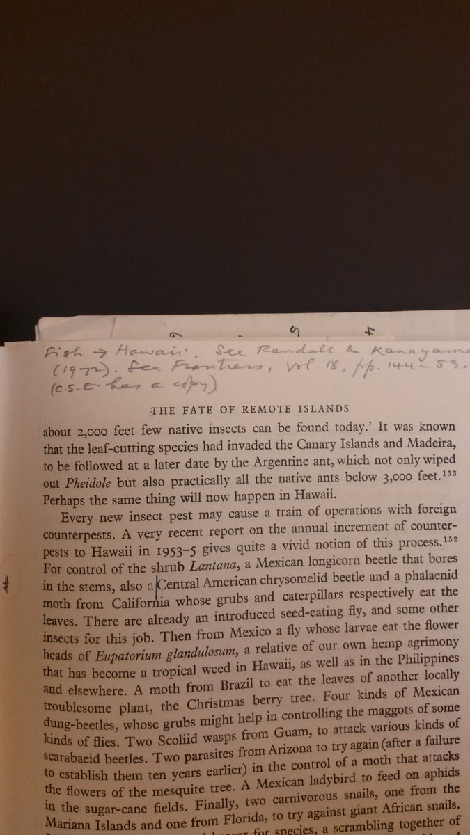 4/8] Although Elton might have kept track of these for future work, he did not published anything on the subject after EIAP. Yet he kept adding to his proof copy. In his chapter on remote islands, for example, he noted a 1972 paper on fish introductions to Hawaii (below left).