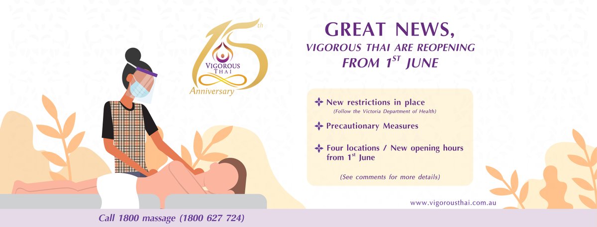 Hi there, Great News!😄
We will reopen from 1st June.

Locations: 🏫
159 Bourke St, Melb
391 Bourke St, Melb
311 Victoria St, West Melb
227 Smith St, Fitzroy

New opening hours: 🕙
Mon - Fri : 10:30AM - 10PM
Sat : 11AM - 10PM
Sun : 11AM - 9PM
Tel : 1800 627724

Vigorous Thai