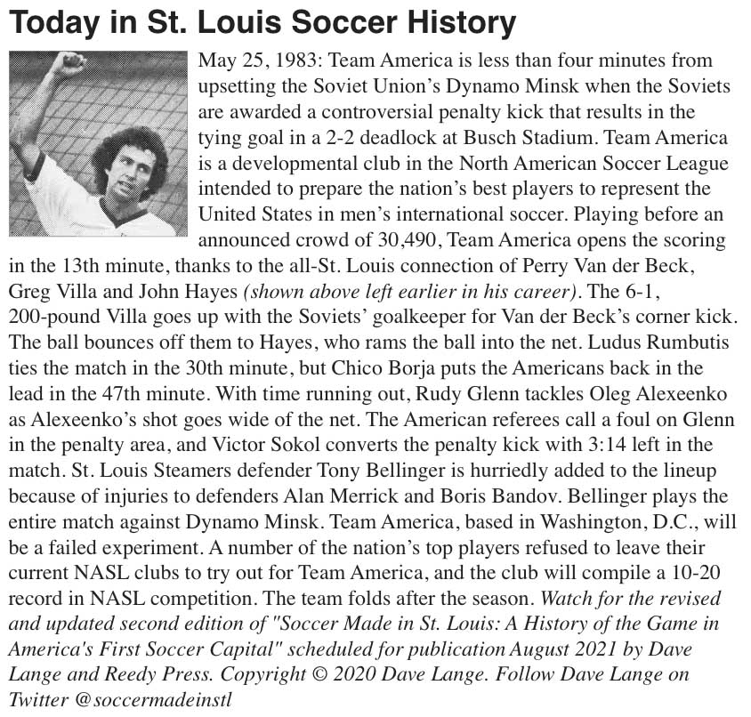 privatejenn26's tweet photo. Today in St. Louis soccer history: May 25, 1983 — Team America is less than four minutes from upsetting the Soviet Union’s Dynamo Minsk when the Soviets are awarded a controversial penalty kick that results in the tying goal in a 2-2 deadlock at Busch Stadium. https://t.co/kj5CzOO5CC
