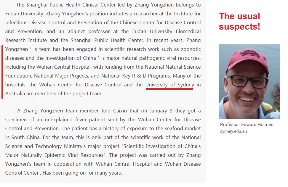 7. Update on WIV "Deleted Database" Our Australian "natural origin" virologist, Eddie Holmes, was involved with this project.One of Professor Zhang's team later said that: "this had been going on for many years"(not the sexual abuse, but the project ;) http://archive.is/OtpxF#selection-1091.2-1107.363