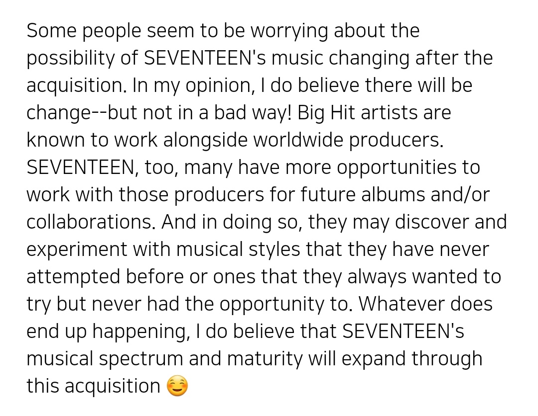 Just my opinion!Some people seem to be worrying about the possibility of SEVENTEEN's music changing after the acquisition. #SEVENTEEN  @pledis_17