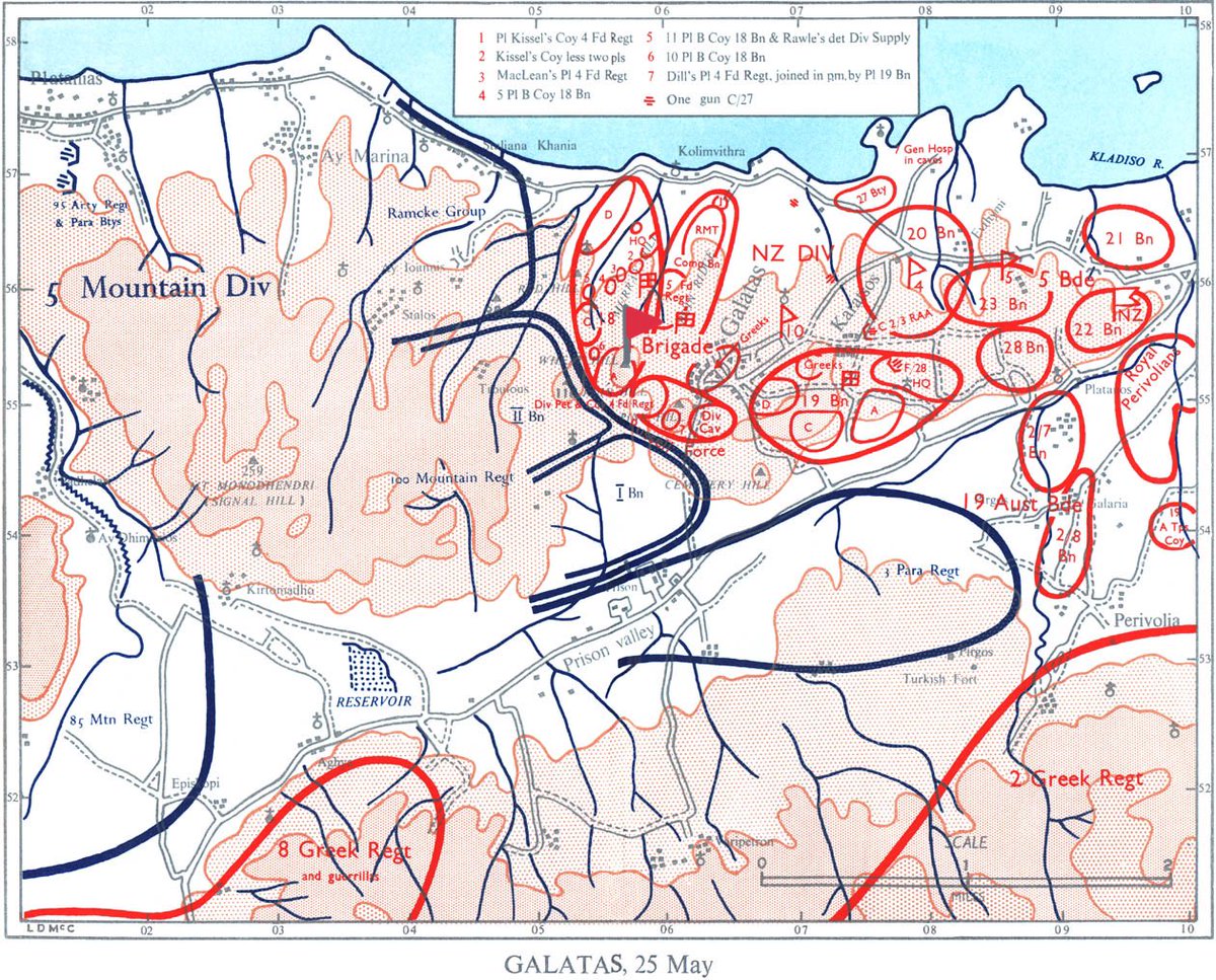 25. Mai 1941, Morgen - Das I. und II. Bataillon des  #Gebirgsjäger-Regiments 100 treten zum Angriff auf  #Galatas an. Die Fallschirmjäger sollen flankierend angreifen.Die 10. Kompanie meines Großvaters soll  #PinkHill nehmen, die nördliche von zwei Anhöhen vor der Stadt ().  https://twitter.com/paulstrobel/status/1264571893773893632