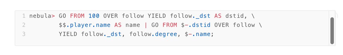 NebulaGraph's tweet photo. #nebulagraph tutorials
PIPE (|) is used together with the YIELD keyword in #nGQL for aggregation purpose.  The results of the query before | can be passed to  the following query as its entry, which avoids embedding like in #SQL 👉 https://t.co/lleVmwYW9g #graphquerylanguage https://t.co/qac30fZGue