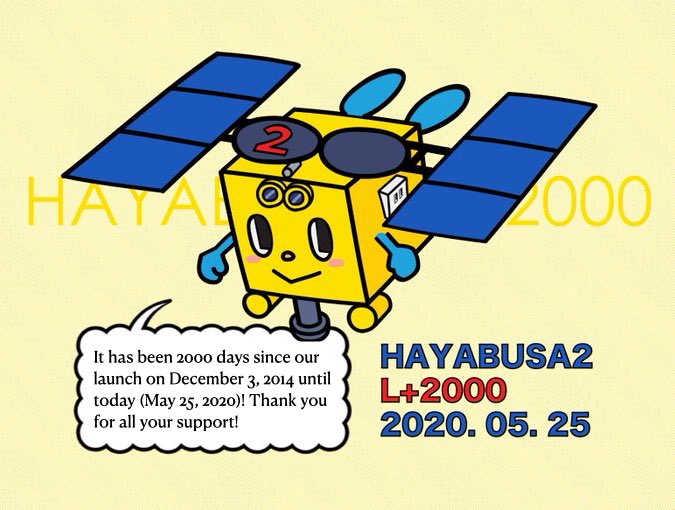 haya2e_jaxa's tweet photo. Today (5/25), Hayabusa2 achieved 2000 days of space flight & passed the mid-point for the return trip! The remaining distance is ~400 million km. Ion engines & flight course are good. Operations continue, hoping that Ryugu’s treasure will arrive at a peaceful Earth --PM Tsuda. https://t.co/lBTtV9SvKA