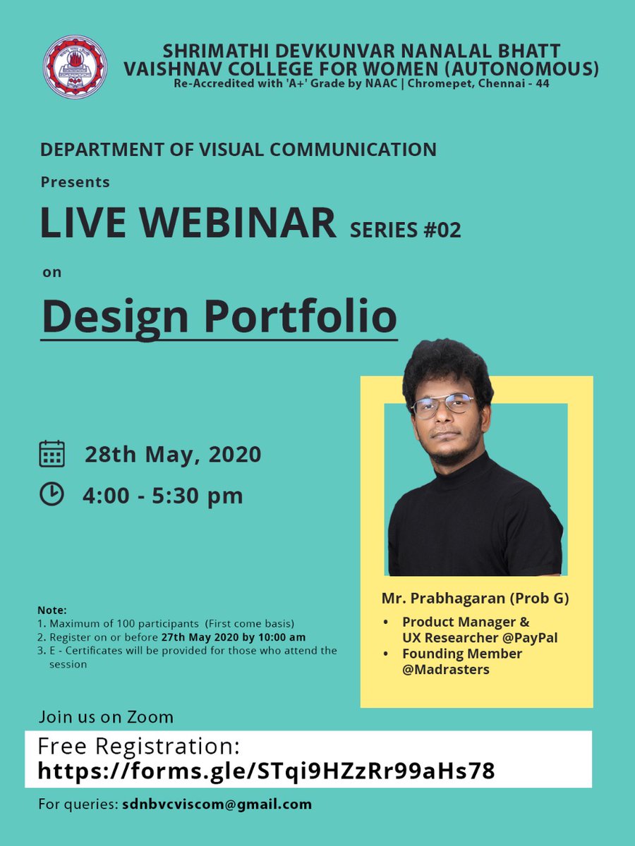 2020Mediji's tweet photo. Department of Visual Communication presents Live Webinar series #02 on Design Portfolio
Free Registration : https://t.co/6ykDO3RW9N
Date : 28th May, 2020
Time : 4.00 - 5.30pm
#sdnb #viscom #live #online #education #webinar #Zoom #quarantine #20lakhcrores https://t.co/RrmyjbyhEq