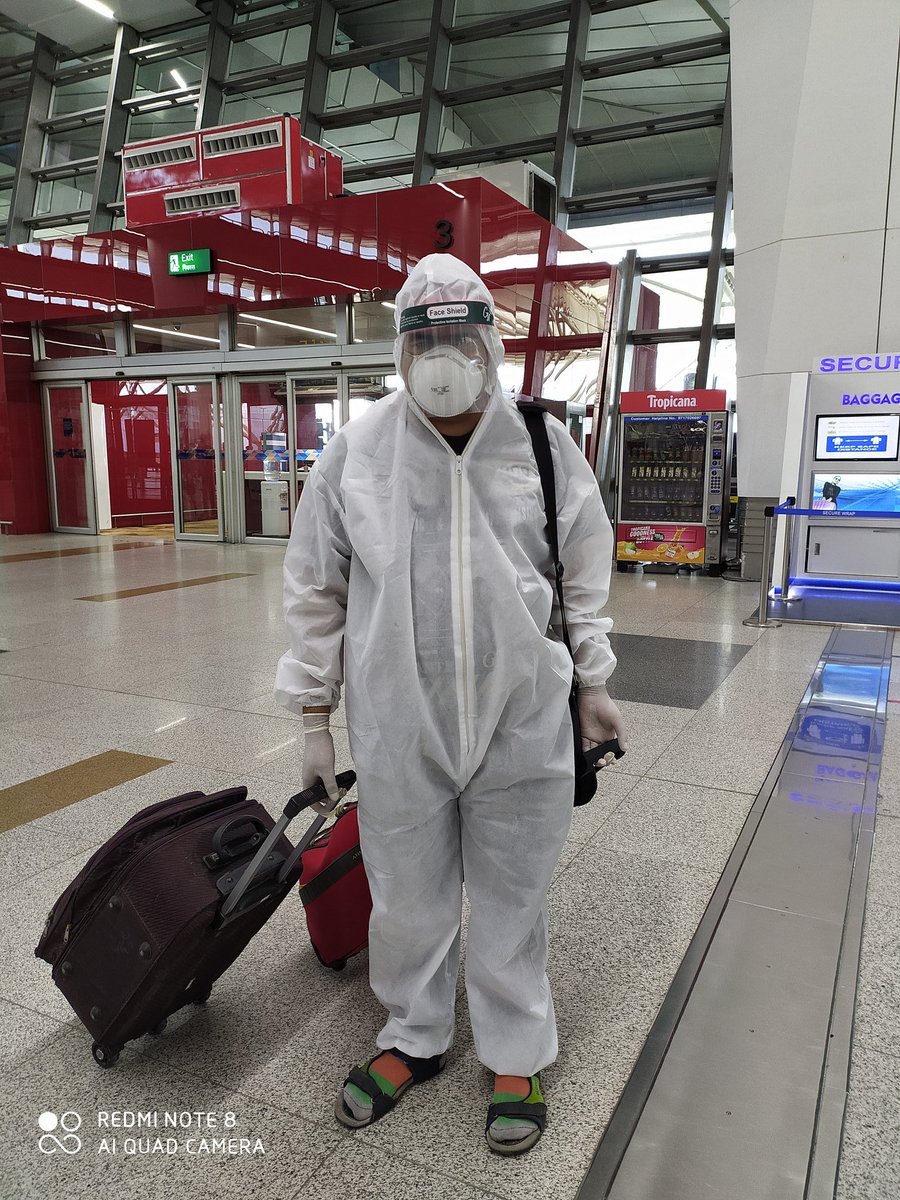 Mostly people who have essential needs are taking the flight very cautiouslySuraj, from Noida has an urgent surgery that needs to be done at Bangalore & has covered himself in a hazmet suit #aviation during  #COVID__19 – at  Terminal 3