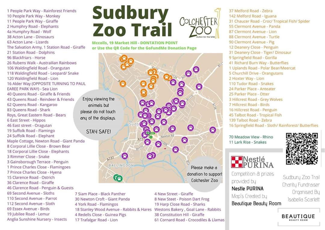 Sudbury Zoo Trail is ready! Thanks to everyone who made this possible - shout out to Isabella Scarlett for organising and <a href="/PurinaUK/">Purina UK & Ireland</a> for sponsoring. 

Let's make some money for the wonderful guys at <a href="/ColchesterZoo/">Colchester Zoo</a> 

Map: google.com/maps/d/viewer?…
Donate at @YourMcColls, Market Hill