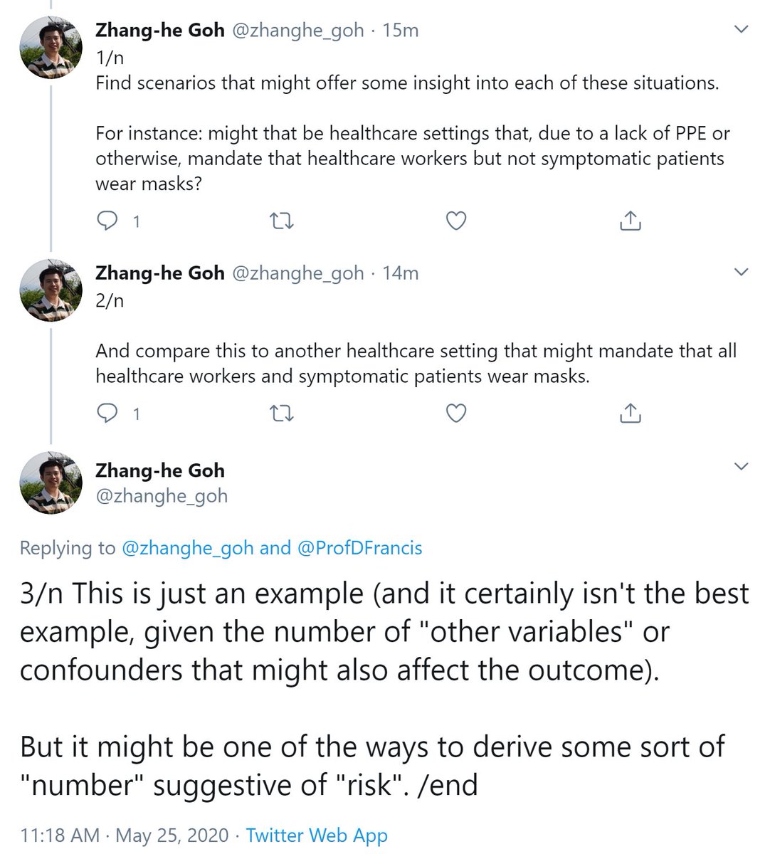 Excellent suggestion for an observational approach from  @zhanghe_gohThe problem is the confounders. Hospitals with facemasks may be different from those without, in multiple ways.And remember the image was for general-public saliva-catching facemasks, not our PPE nozzle-masks