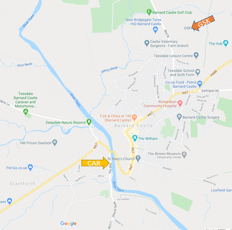 D) The GSK plant is in the north of the town, near the A688, which is the road from Durham. Cummings car was spotted at the south of the town, near the river. You would not park there either to visit GSK. The plant has a mahoosive car park...