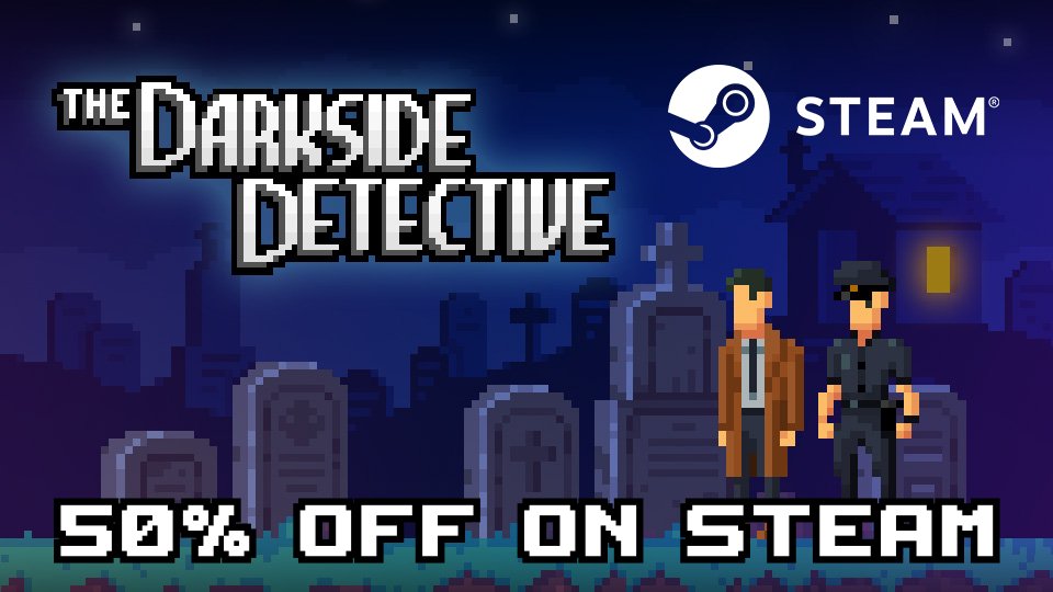 ds_detective's tweet photo. Visit spooktacular graveyards and other charming places in The Darkside Detective. Now on Sale!

👉 Buy The Darkside Detective -  https://t.co/LIWBjZu247

#Indiegames #SteamDeals
#adventuregame
#pixelart https://t.co/4NX1XNkURv